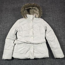 Aeropostale Jacket Womens M White Hooded Puffer Faux Fur Lined Belted Winter