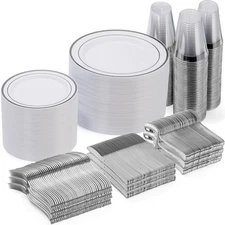 Goodluck 600 pcs Disposable Silver Plastic Dinnerware Set for 100 Guests Plat...