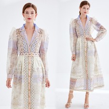 Women V-neck Holiday Floral Long Sleeve Beading Single Breasted Lace Dress M-2XL