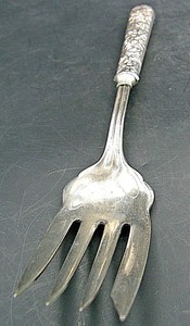 VINTAGE repousse 62g COLD MEAT or FISH serving Fork 9”L maker: G.H. French