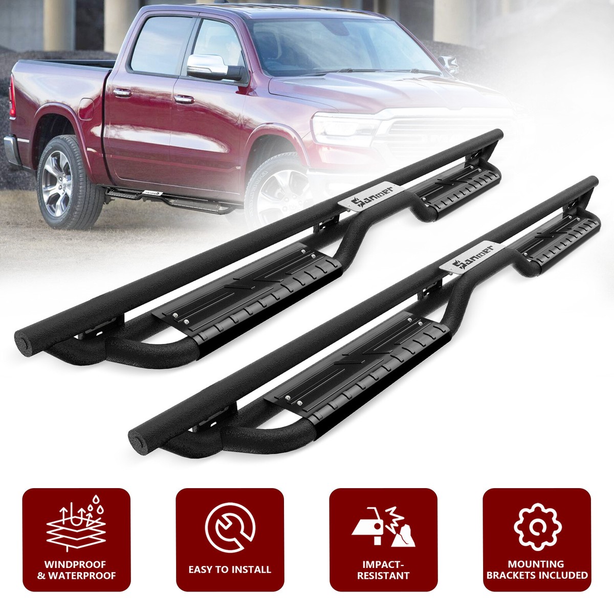 6" Running Boards For 2019-2025 Dodge Ram 1500 Quad Cab – Black Nerf Bars, Side Steps