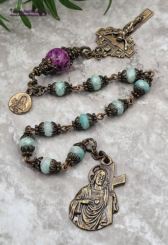 Herz Jesu trägt das Kreuz Hl. Therese Amazonit Bronze Rosenkranz - Bild 4 von 4