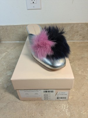  Lulu Fox Fur Pom-pom Block Heel Mules In Silve Size 9.5 New