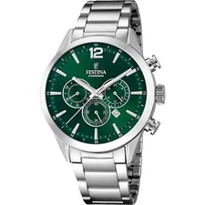 Festina Chrono F20343B Men Silver Stainless Steel Green Dial Analog Watch 43.5mm