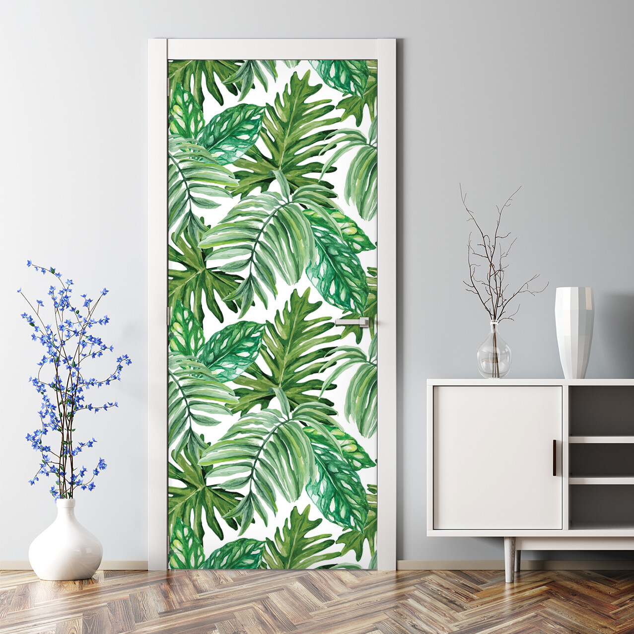 Exotic Jungle Leaves Watercolor Self-Adhesive Door Decal for Home Decor