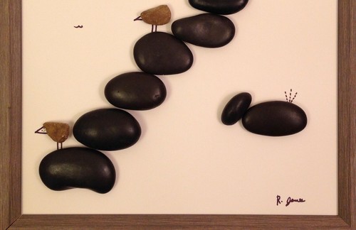 Pebble Stone Art Picture Shoreline Birds Whale Rustic Wood Frame Handmade 5 - Picture 4 of 8