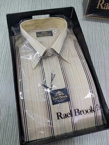 Vintage Rael Brook Men's Beige Striped Shirt 16.5" 42cm NEW Unworn Boxed - Picture 2 of 7
