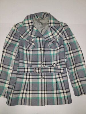 Stadick Modelle Women's Peacoat Plaid w/ Belt 1960s Germany Wool Coat Jacket Mod
