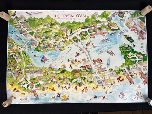 VTG 80s The Crystal Coast North Carolina Cartoon Poster Atlantic Beach Morehead
