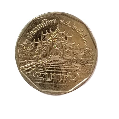 5 baht Thai coin 2010, thin type,(Wat Benchamabophit) used, set 2 coins - Picture 3 of 7