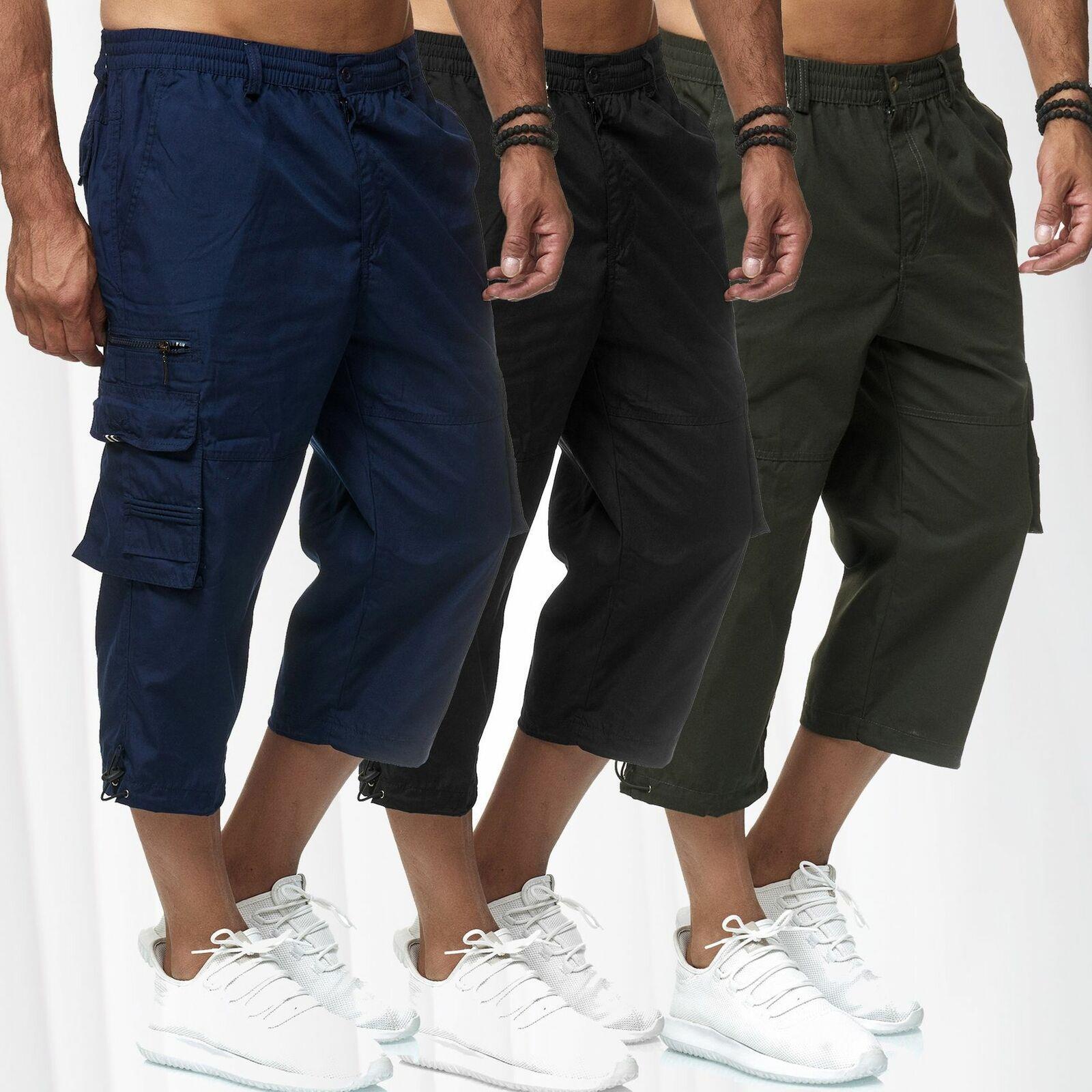 Mens 3/4 Elasticated Waist Long Length Shorts Cargo Combat Three