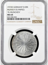 Germany 10 Mark 1972 D NGC MS64 UNC Silver Munich Olympics
