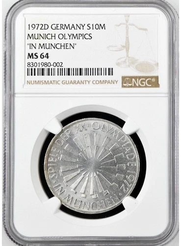 Germany 10 Mark 1972 D NGC MS64 UNC Silver Munich Olympics
