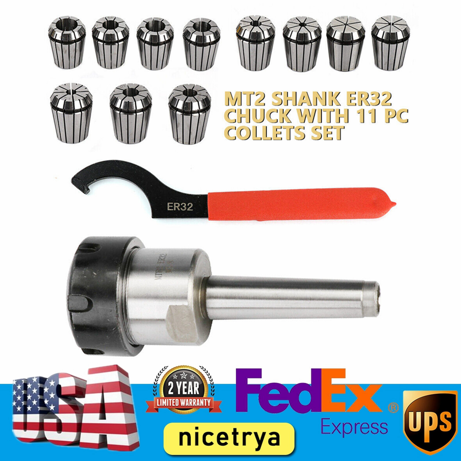 MT2 ER32 Morse Taper Collet Chuck Holder Kit Milling Tool Set