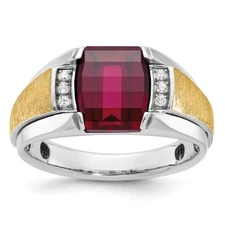 14k Two-tone Mens Satin Created Ruby and 1/20 Ct, Diamond Ring