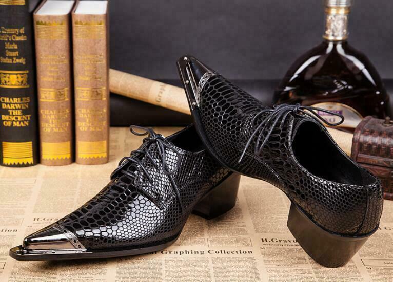 Mens Metal Pointed Metal Toe Patent Leather Dress Formal Shoes Snakeskin  Pattern