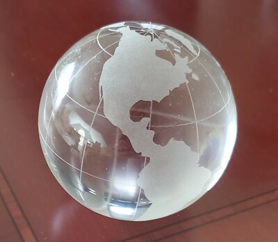 Lillian August Earth Globe World Map Glass Clear Paperweight Table Desk Decor