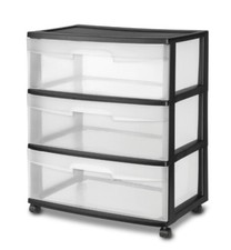 Sterilite Plastic 3 Drawer Cart Wide Tower Black Dorm Portable Storage Rolling