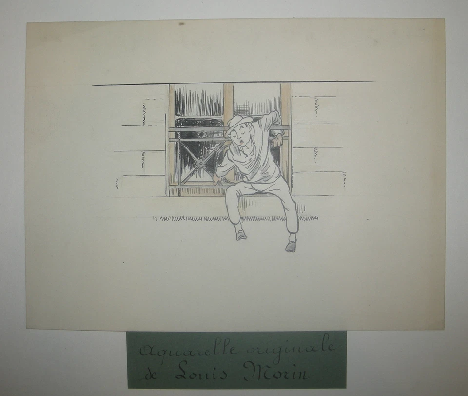 LOUIS MORIN (Homme assoupi à la rambarde) DESSIN AQUARELLE sur papier vélin - Photo 2/2