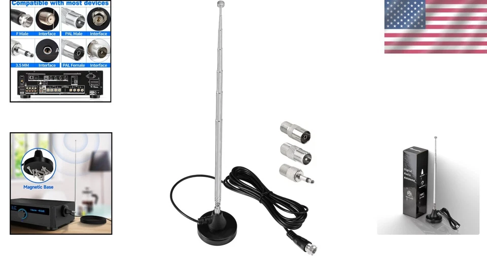 Versatile FM Radio Antenna with Strong Magnetic Base & 3 Adapters for Easy Setup - Image 2 of 4