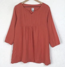MATCH POINT 100% Linen Tunic Top Sz L Coral 3/4 Slv Boho Lagenlook USA Made