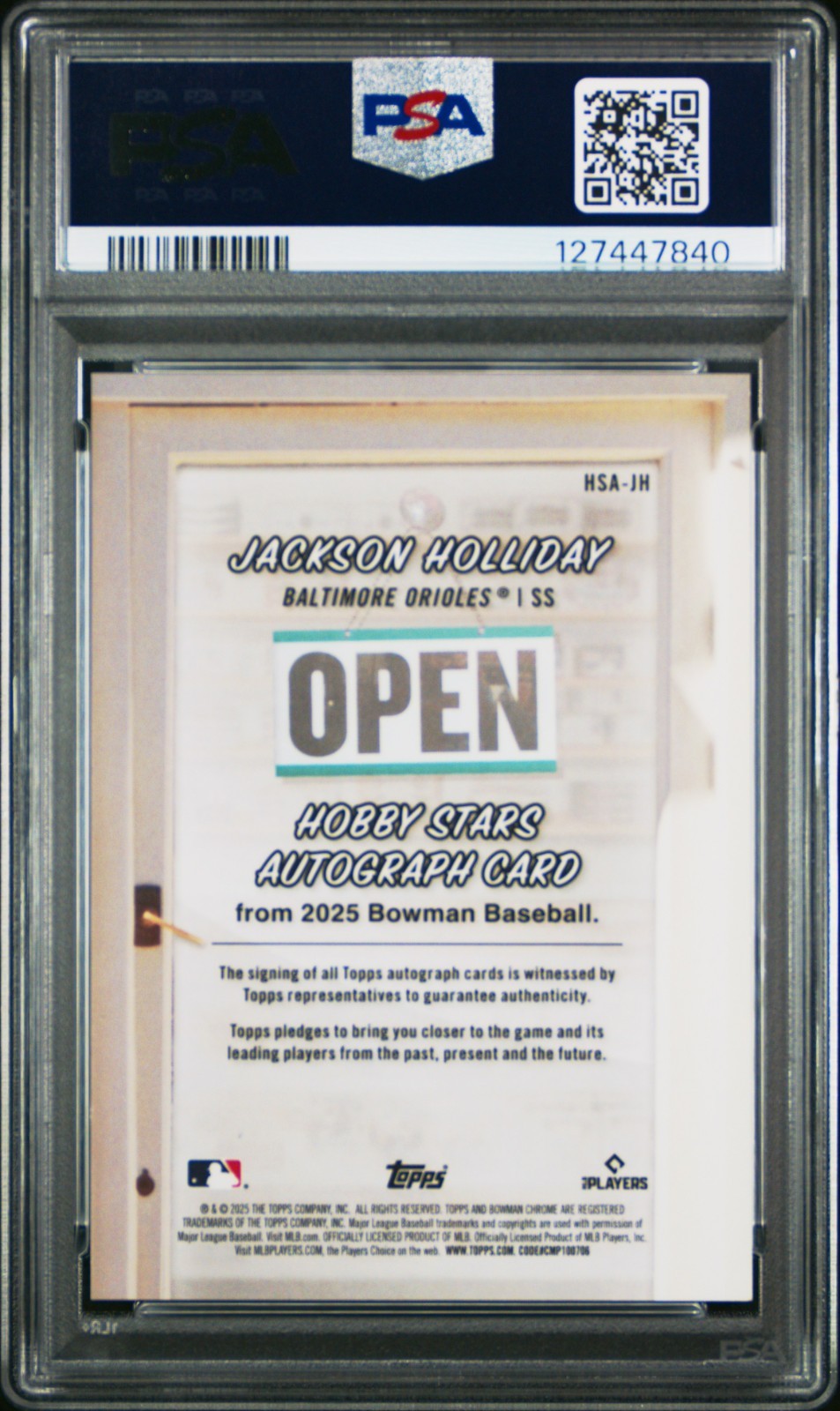 2025 Bowman Chrome Jackson Holliday Hobby Stars Gold Refractor Auto PSA 10 view 2