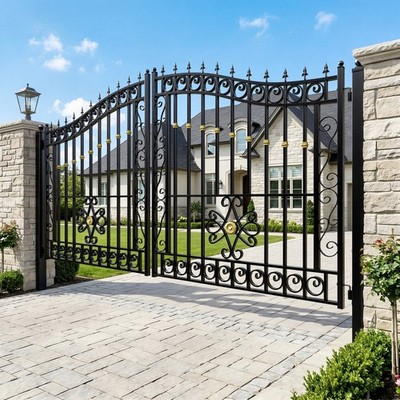 ZUMI 12x6 ft Dual Swing Driveway Gate Steel Arched Top Gate with Scrollwork