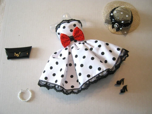 BARBIE FASHION CLOTHES ~ WHITE/BLACK POLKA DOT SATIN  OUTFIT w/ACCESSORIES SET