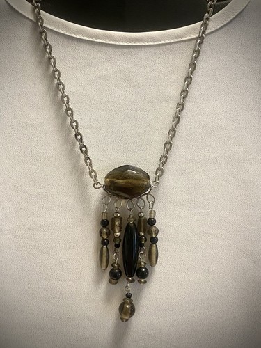 Sweater Necklace Amber & Black W/Silver Dangles - Long 30” Chain