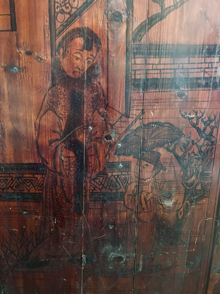 "4 pinturas chinas de la década de 1850 sobre paneles de madera 38""x22"" escenas de género sin enmarcar como están" Foto 3 de 4