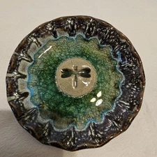 Art Pottery Glazed Trinket Dish With Dragonfly Decor. Made In USA. 
