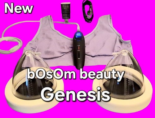 Purple tank top with black digital pump, clear silicone breast forms, and cables on pink background.