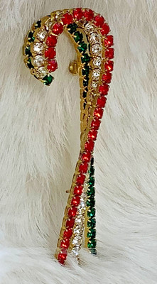 Vintage Gold Tone Red White & Green Rhinestone Candy Cane Christmas Pin Brooch