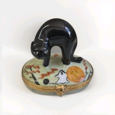 Limoges Artoria Black Cat Pumpkins & Ghost Trinket Box Limited Edition Pristine 