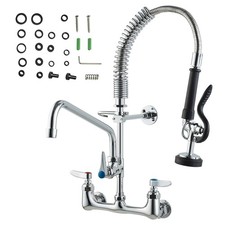 Wall Mount Commercial Kitchen Bar Faucet with Pre-Rinse Pull-Down Sprayer