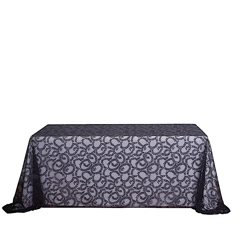 90x156" BLACK Sheer Tulle Rectangular TABLECLOTH Embroidered Sequins Party - Image 2 of 4