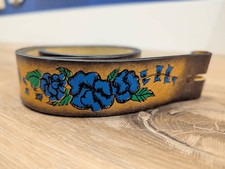 Vintage Leegin Leather Belt Blue Floral Painted Western Boho Gypsy