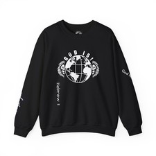 God is   Faith Cross Crewneck Sweatshirt  Good Is He Globe Graphic