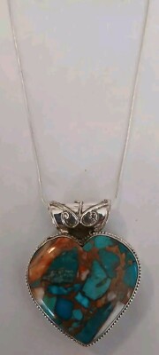 Spiney Oyster Copper Turquoise W Sterling Silver Large Heart Pendant & 925 Chain