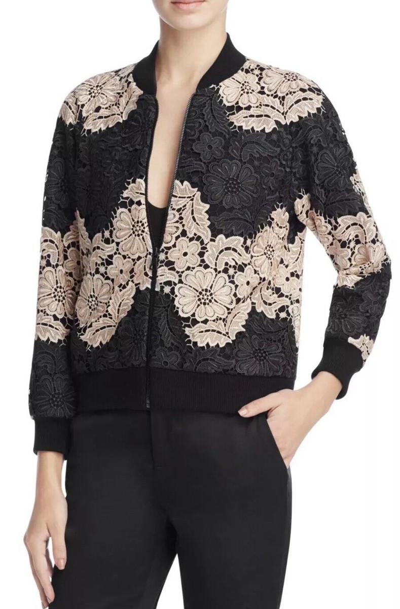 alice + Olivia Felisa Lace Bomber Jacket Floral Black Nude Size XS