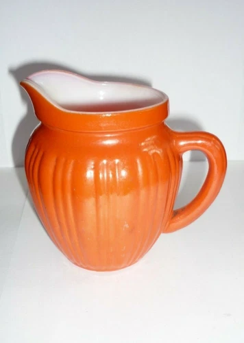 Vintage Mid Century Mod 60s Orange Ribbed Milk Glass Creamer Pitcher Hazel Atlas