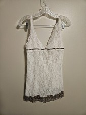 Victorias Secret Babydoll Nightie Leopard Trim Embroidered Bow Lace White Sz L