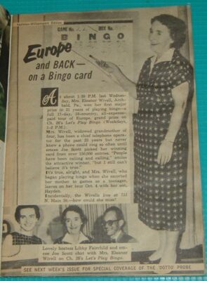 1958 TV ARTICLE/MRS. ELEANOR WIVELL WINS BIG @ BINGO/LIBBY FAIRCHILD/JOE SCOTT