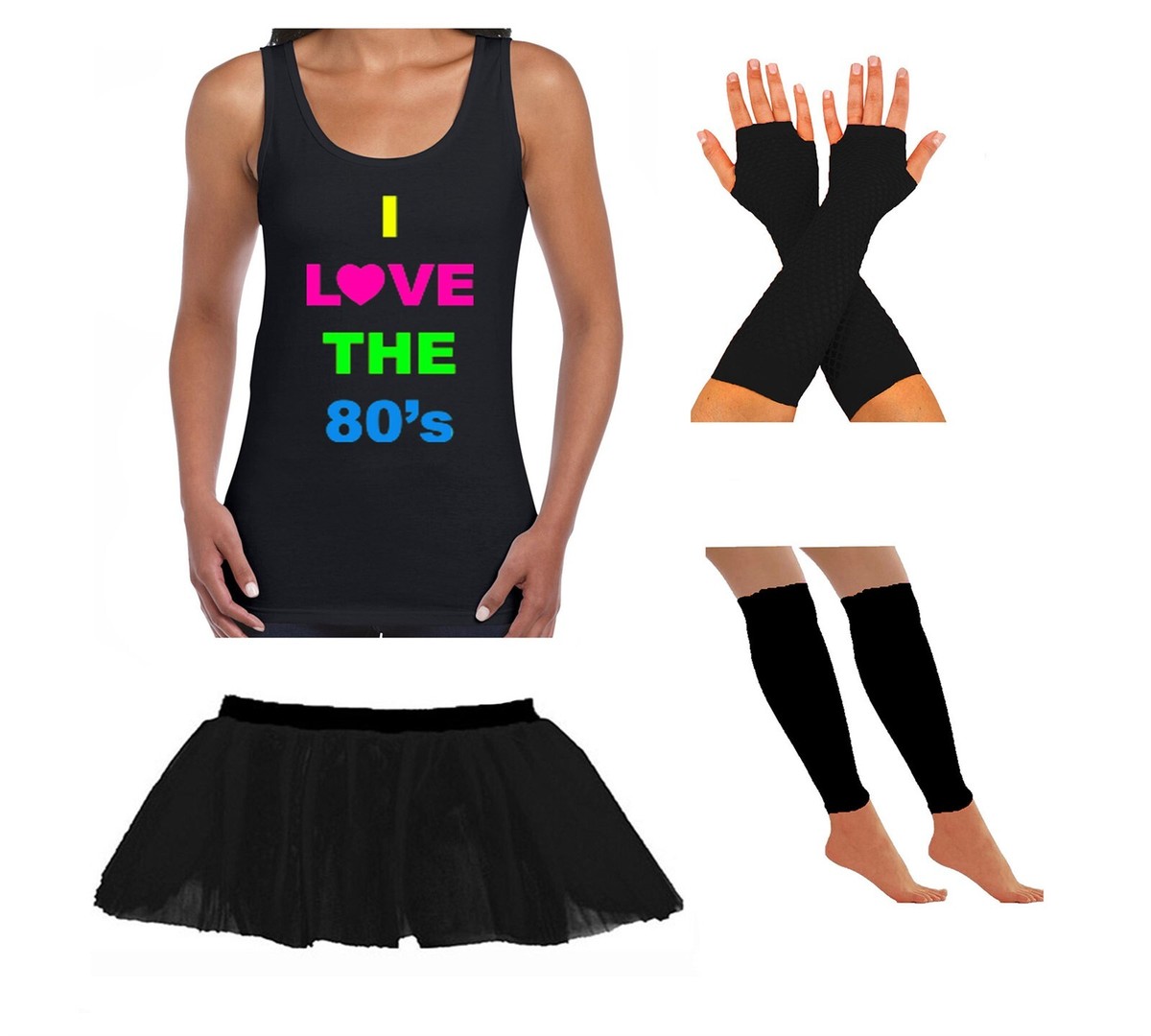 80er Jahre Damen Kostüm-Set – Inkl. T-Shirt, Tutu-Rock, Bauchtasche & Accessoires Für Retro-Party