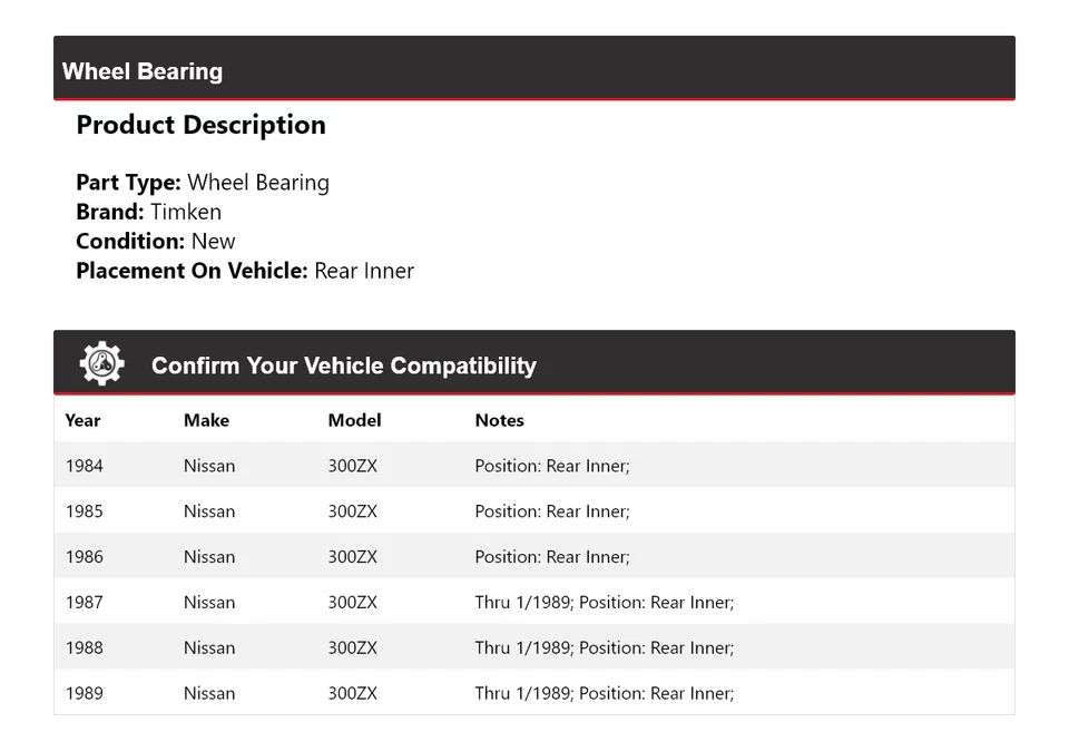 Cojinete de rueda interior trasero Timken 1985 1986 1987 1988 para Nissan 300ZX 1984-1989 Foto 2 de 4