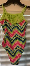 Angel Beach Girl  s Multi Chevron One Piece Swimsuit with Side Cutouts Sz 12 EUC