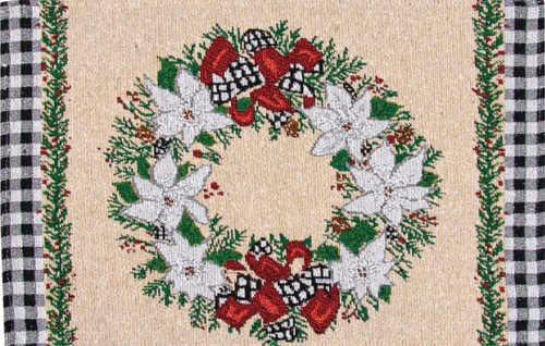 Set of 2 Tapestry Placemats(13"x19")CHRISTMAS WHITE POINSETTIA FLOWERS WREATH,HC - Picture 2 of 14