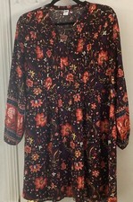 Old Navy Sz M Boho Tunic Dress Black Floral Print Long Balloon Sleeve V-neck