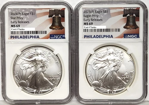 2 coin set 2024 and 2025 p silver eagle with privy ngc ms69 er philly