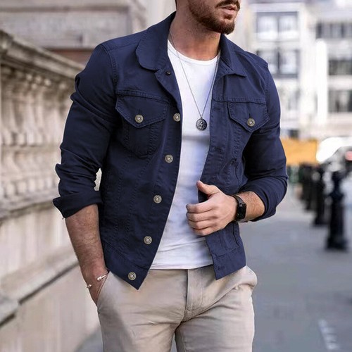 Multi-pocket Denim Jacket Denim Workwear Jacket Tops Coat Men Slim Solid M-3XL - Picture 26 of 31
